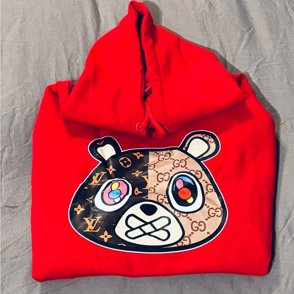 OWNYC Louie Vuitton Gucci Logo Print Split Bear Face Red Hoodie NWOT